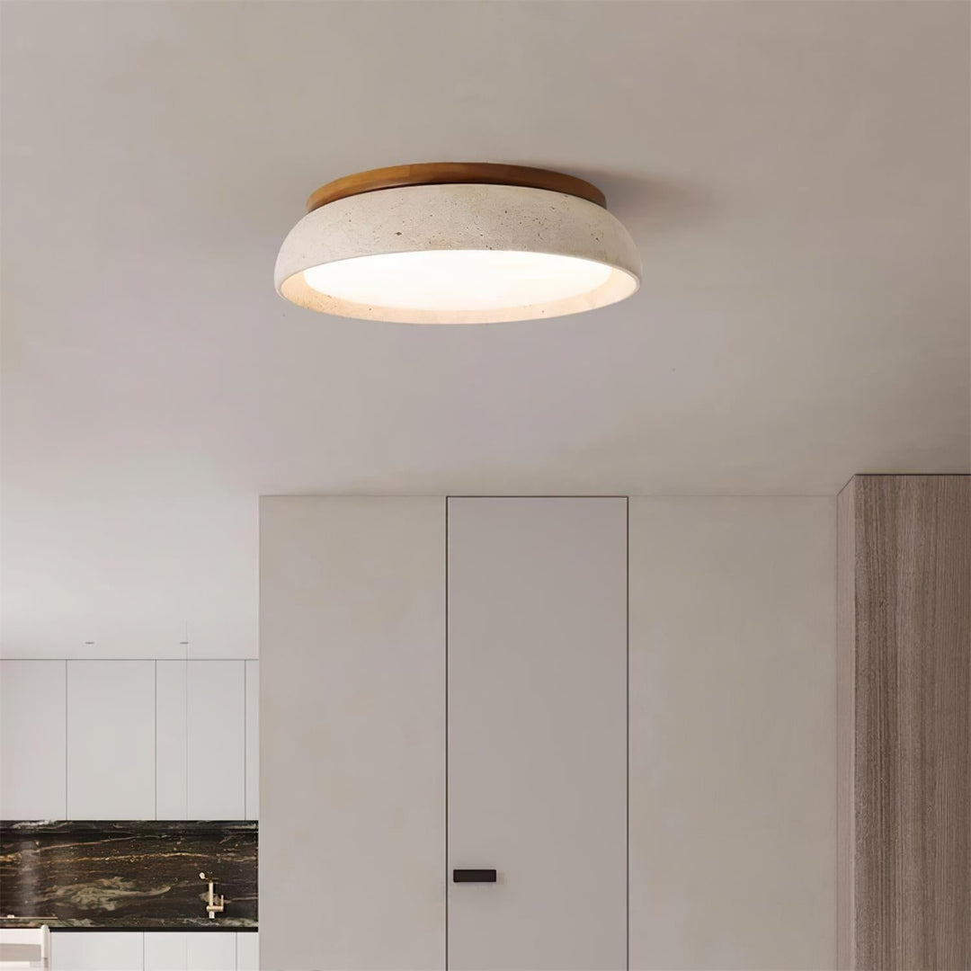 Iluminación LED de techo IP44. Lámpara de travertino y madera natural con diseño moderno.