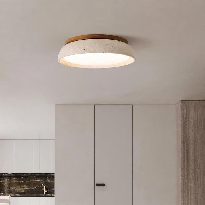 Iluminación LED de techo IP44. Lámpara de travertino y madera natural con diseño moderno.