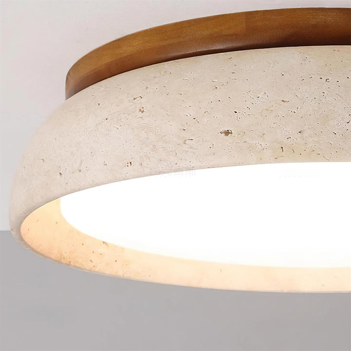 Decoración moderna con lámpara de techo. LED de travertino y madera, luz cálida para salón.