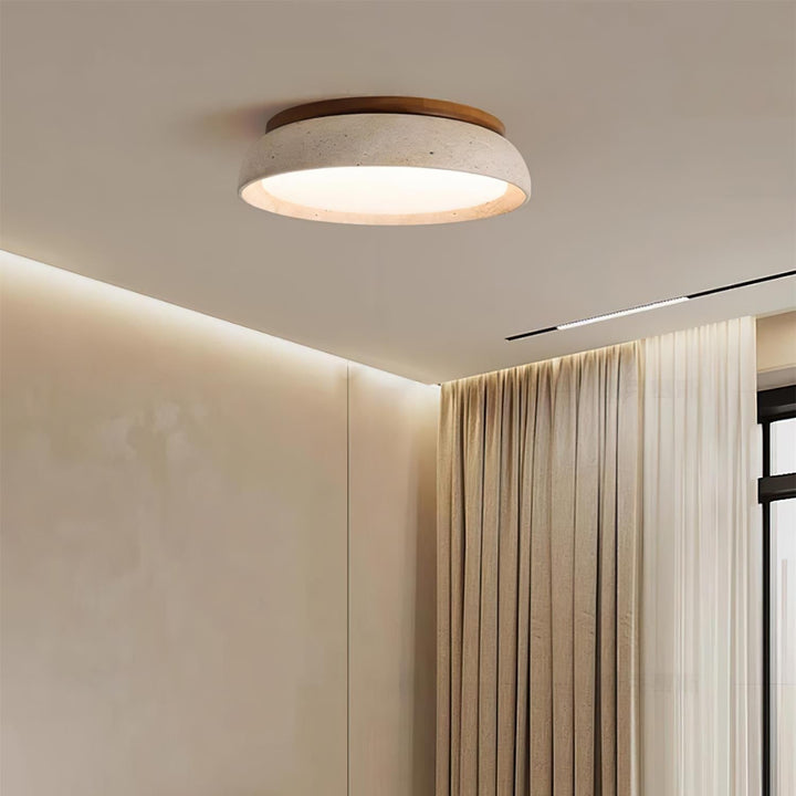 Decoración hogar con lámpara de techo LED. Travertino y madera natural, diseño moderno.