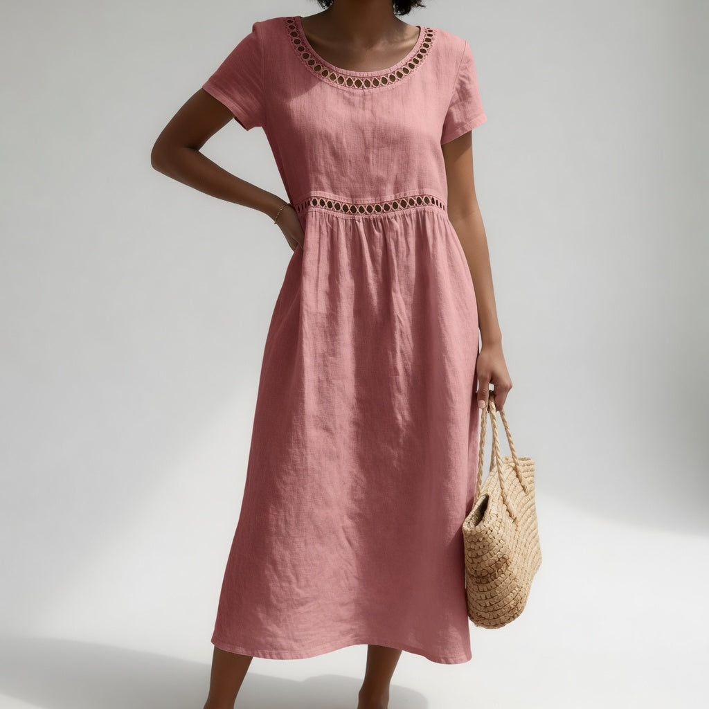 Vestido midi de algodón bordado de cuerpo entero, silueta femenina y fresca para mujer, estilo casual de verano.