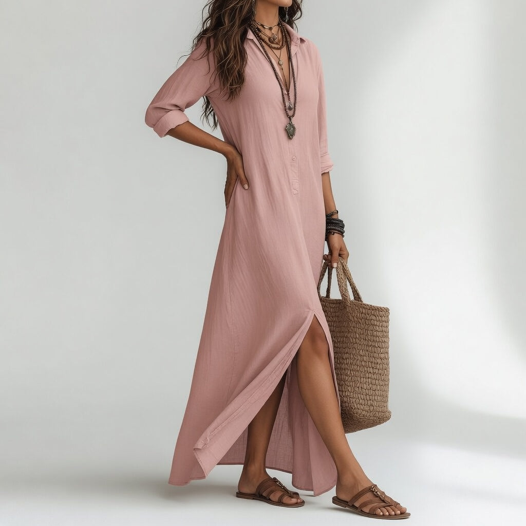 Look casual con vestido largo bohemio de camisa para mujer. Versátil para el verano y la playa.