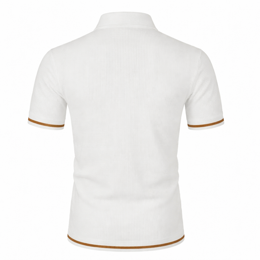 Hombre vistiendo polo moderno, look casual y elegante. Ropa de manga corta versátil para cualquier ocasión.