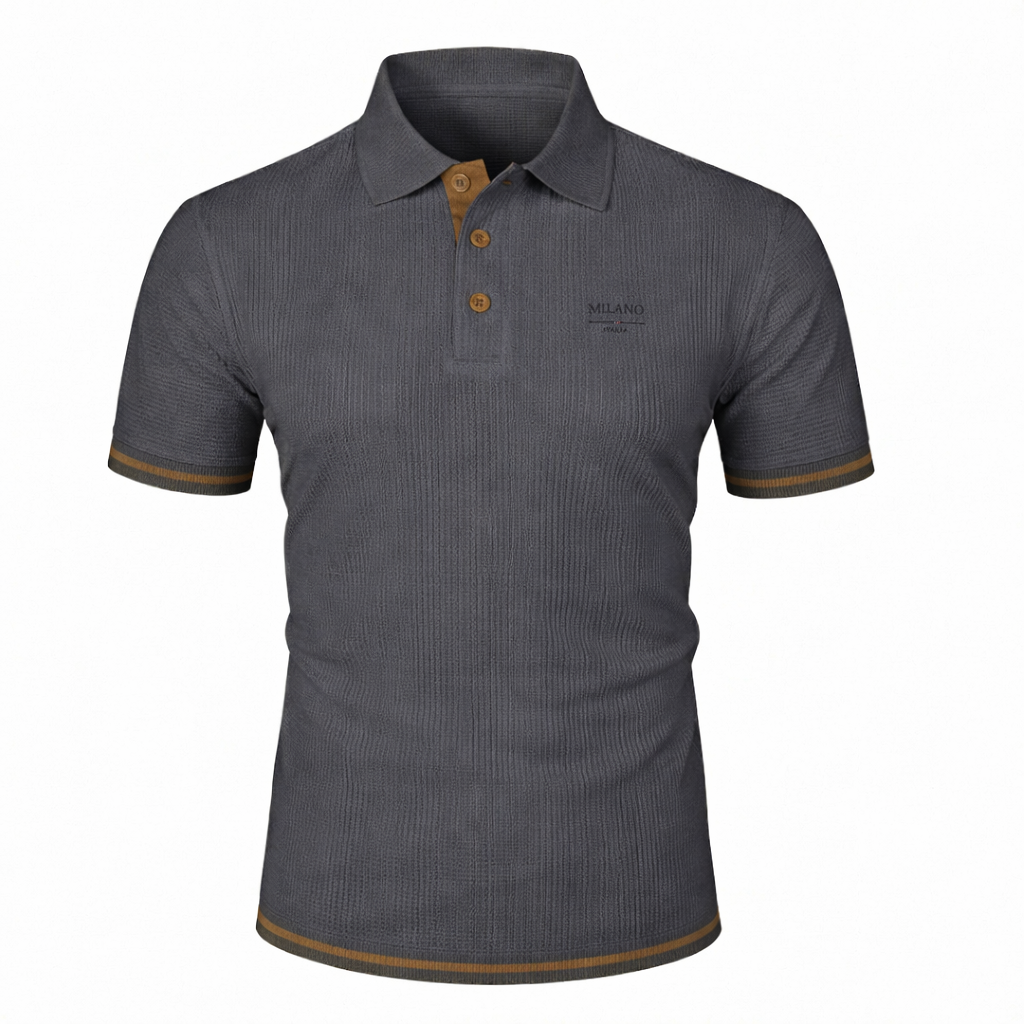 Detalle de cuello y botones de polo para hombre. Diseño moderno, elegante y versátil. Moda masculina de calidad.
