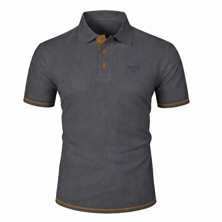 Detalle de cuello y botones de polo para hombre. Diseño moderno, elegante y versátil. Moda masculina de calidad.