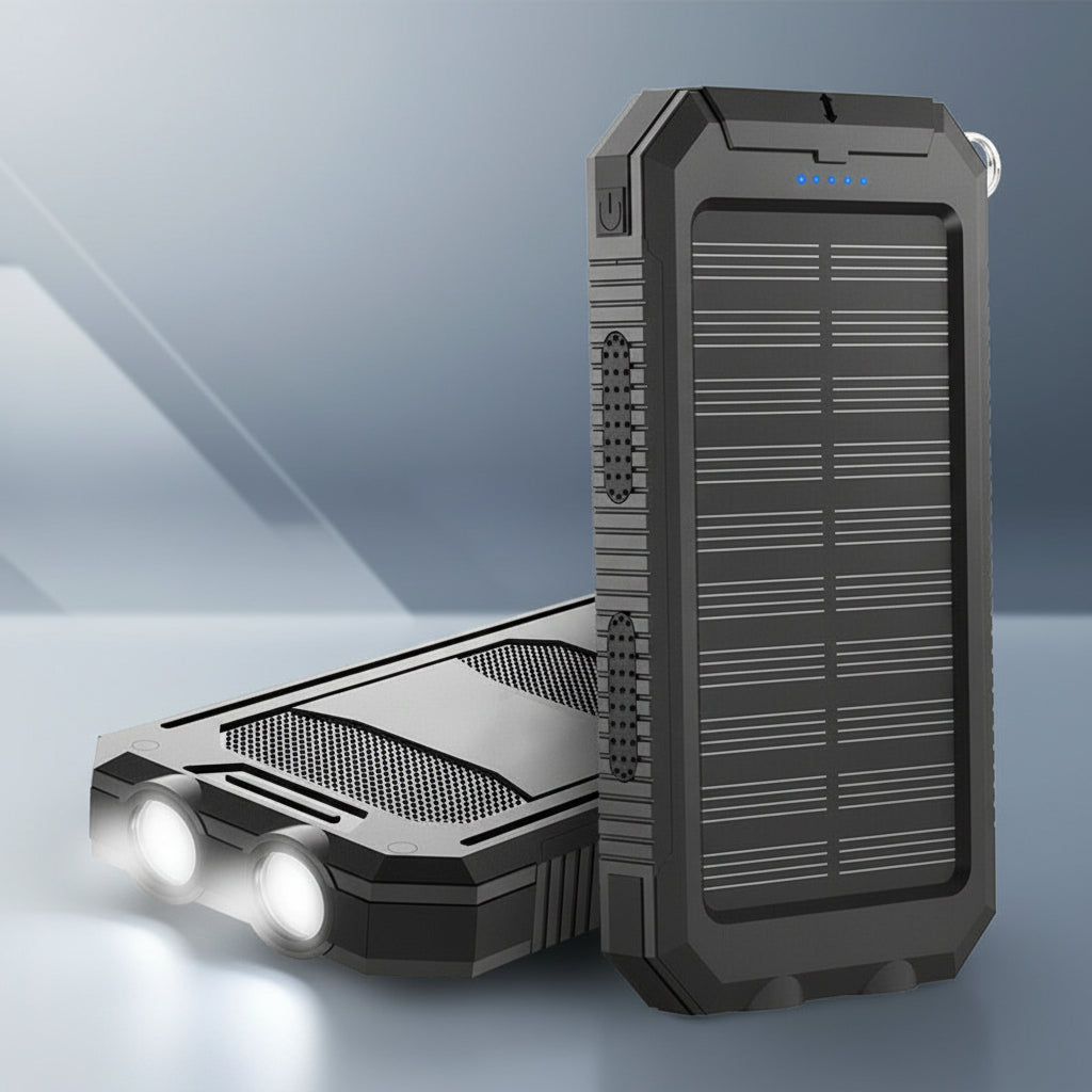Cargador solar portátil 20000 mAh, batería externa impermeable para móviles y gadgets USB.