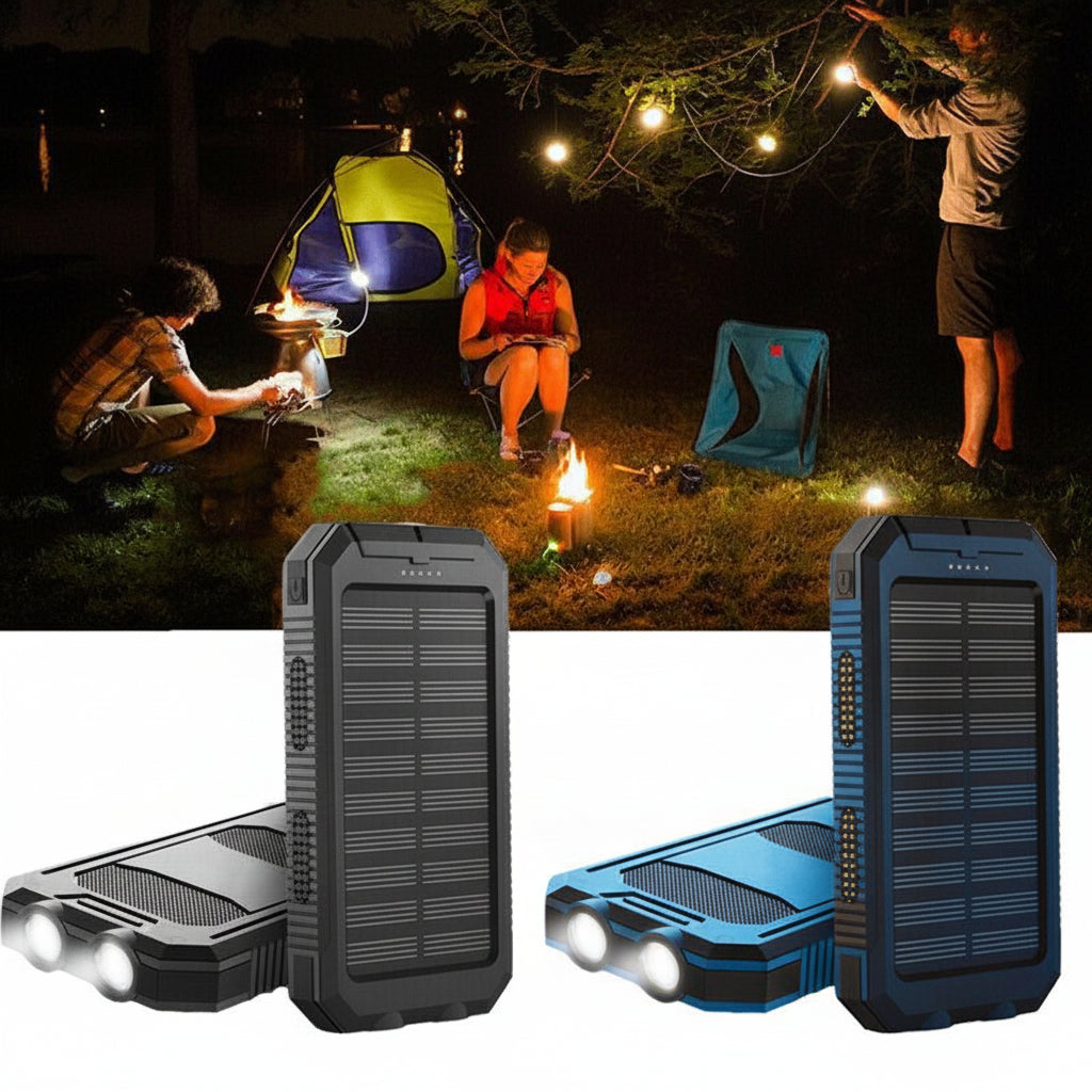 Cargador solar con linterna LED, batería externa de emergencia 20000 mAh ideal para exteriores.
