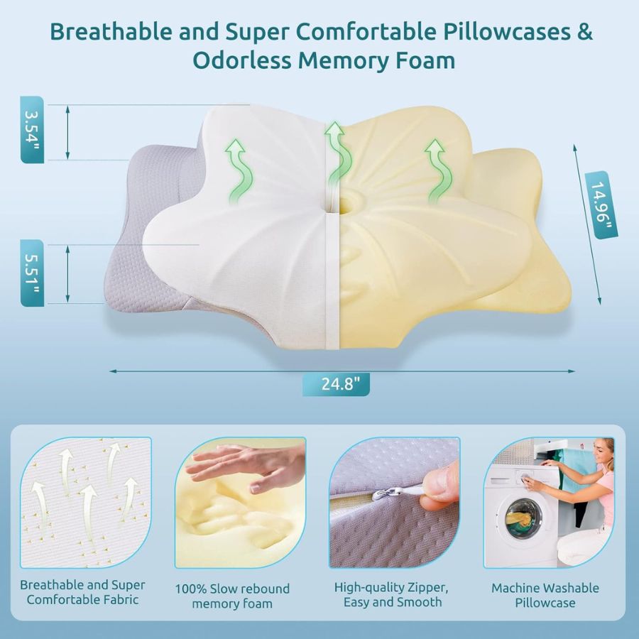 Almohada ortopédica cervical XL, perfecta para viajes. Brinda soporte ergonómico y confort para el cuello adolorido.