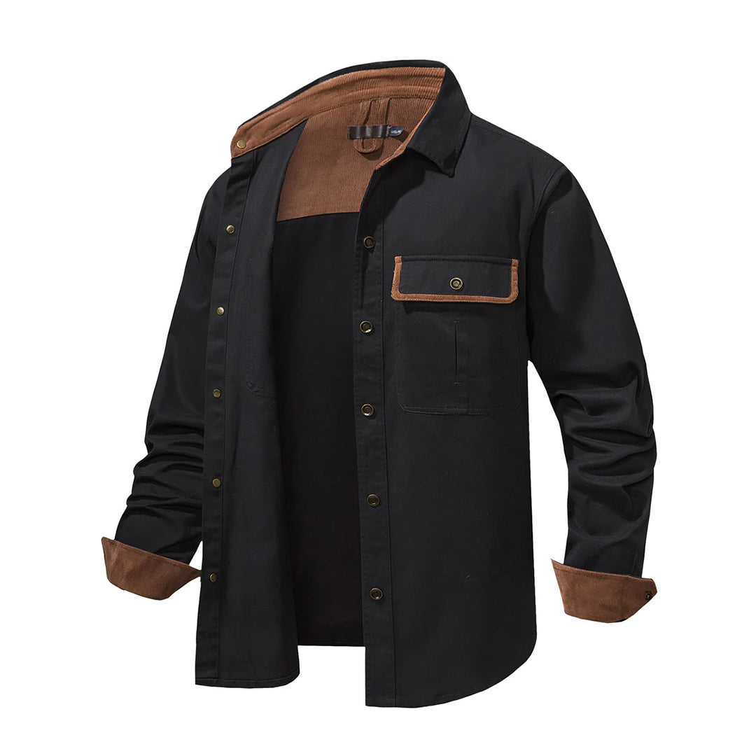 Camisa marrón elegante de hombre, manga larga con puños de contraste, moda masculina sofisticada.