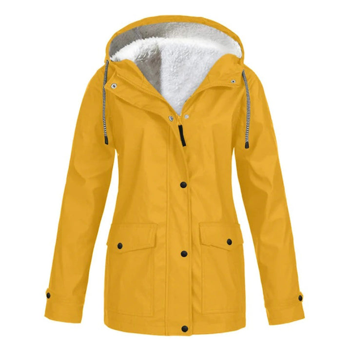 Abrigo impermeable mujer, corte medio, vista trasera. Chaqueta cálida y elegante para otoño-invierno.