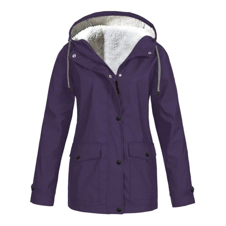 Perfil de abrigo impermeable de mujer, corte medio. Ropa exterior cálida y elegante para protección lluvia.