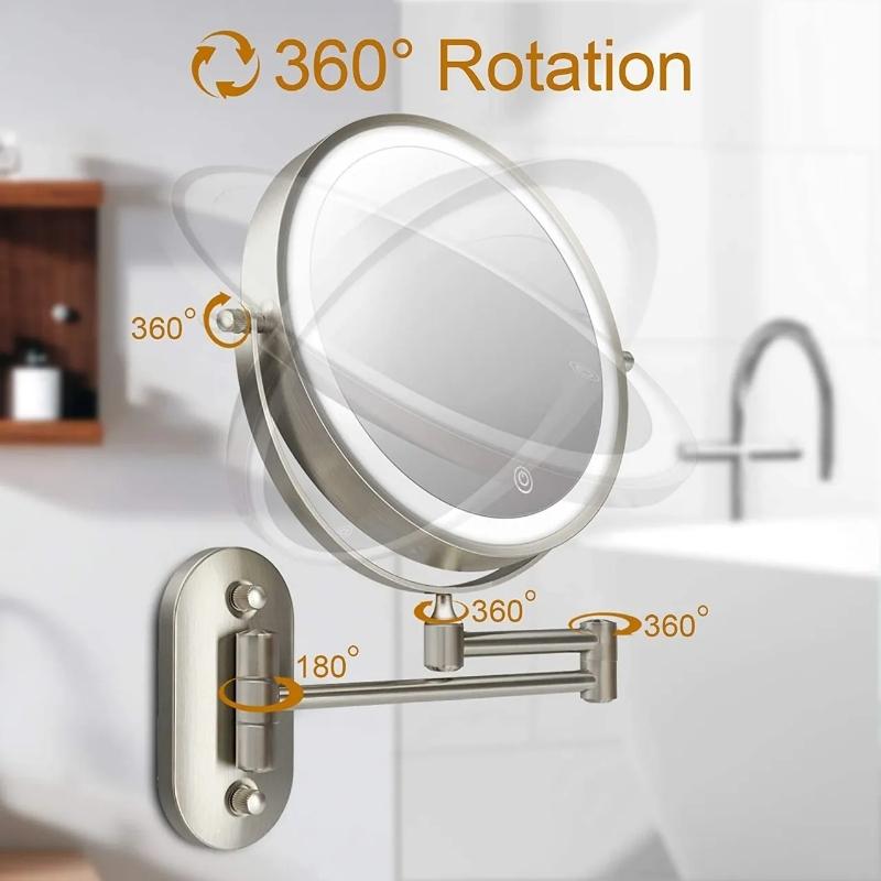 Espejo de maquillaje LED con luz brillante para cuidado personal. Aumento 3X-10X, recargable y de pared.