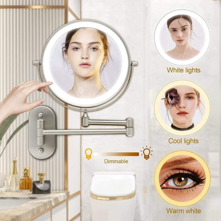 Espejo tocador LED con brazo extensible y aumento, perfecto para maquillaje y belleza en cualquier hogar.