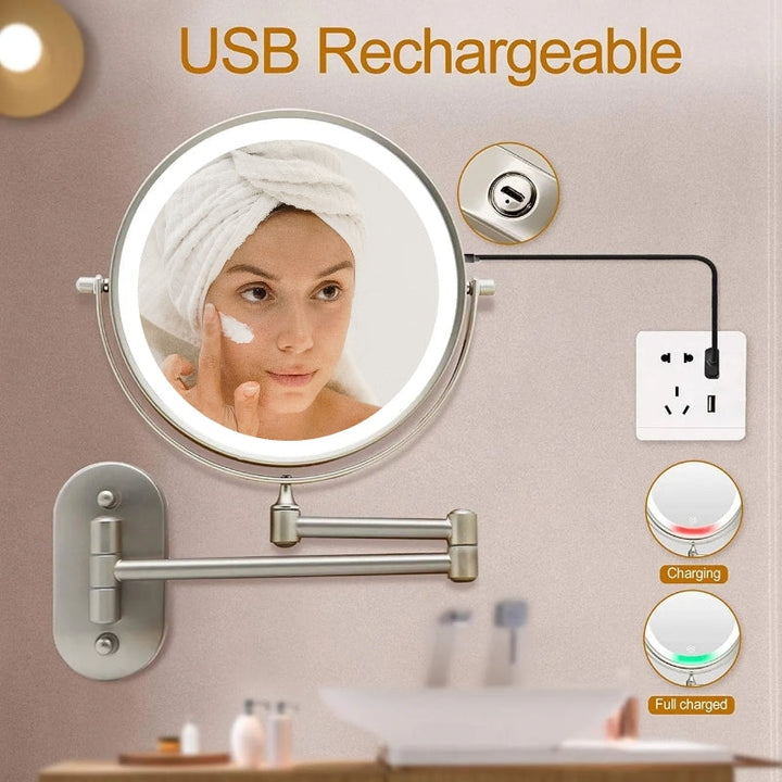 Espejo LED inalámbrico de pared, magnificador con luz, con elegante acabado cromo para baño moderno.
