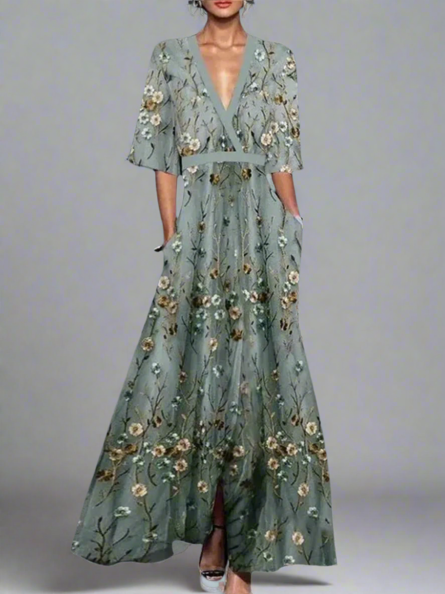 Vestido de verano elegante para mujer con escote en V y corte fluido, ideal para fiesta o look casual fresco.