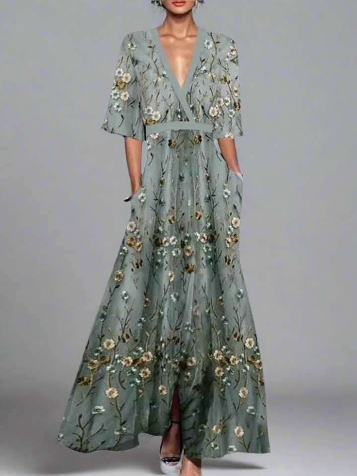 Vestido de verano elegante para mujer con escote en V y corte fluido, ideal para fiesta o look casual fresco.
