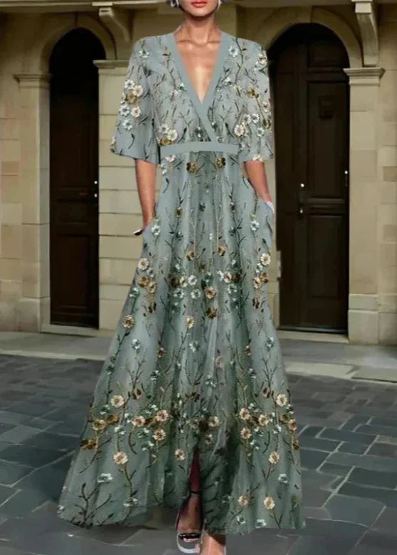 Vestido floral maxi elegante estilo Romi para mujer, ideal para fiestas y ocasiones especiales. Diseño cómodo de verano.