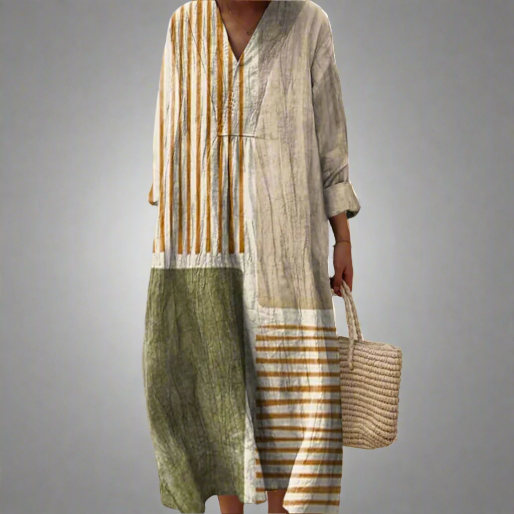 Vestido largo vintage mujer, diseño geométrico multicolor fluido, perfecto para verano, estilo elegante y casual.