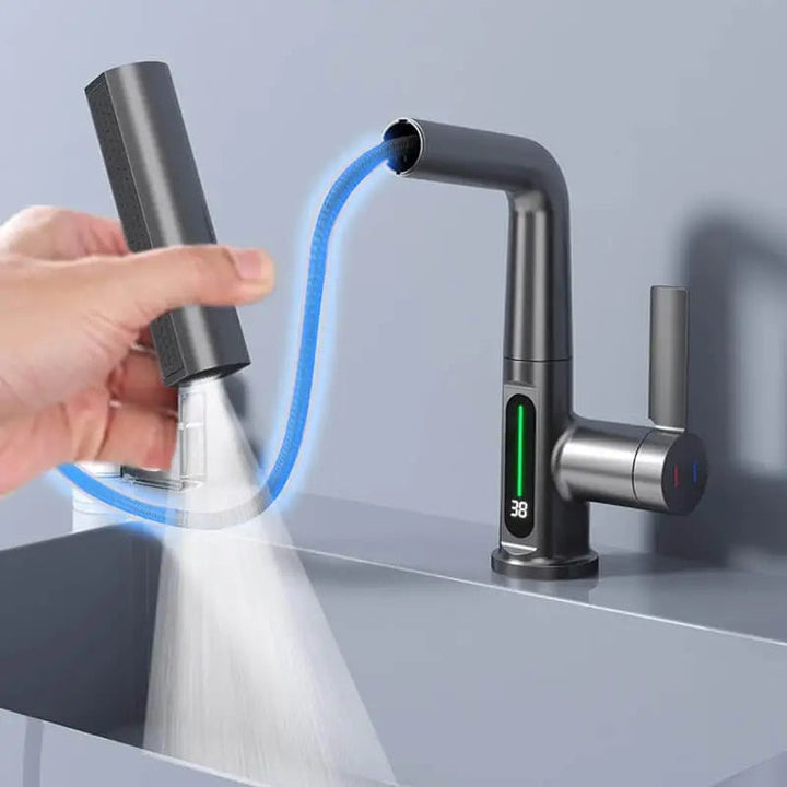 Mezclador de baño inteligente con diseño extensible. Grifería de alta tecnología, control de temperatura preciso para el hogar.