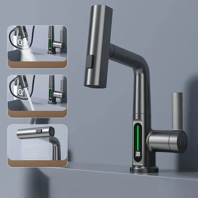 Grifo de baño inteligente extensible. Mezclador moderno con control digital para un hogar de lujo y confort.