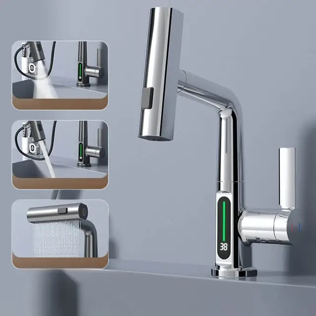 Grifo extensible 3 en 1 para baño, diseño moderno. Grifería inteligente con control de temperatura digital.
