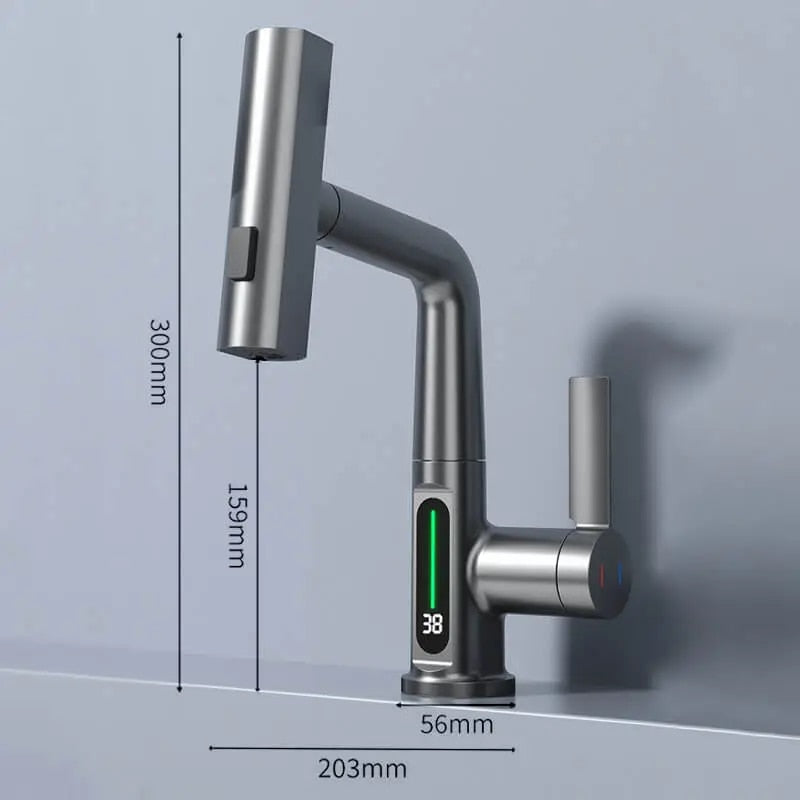Grifo inteligente de lujo para baño. Diseño extensible 3 en 1, mezclador digital de temperatura, ideal para hogar.