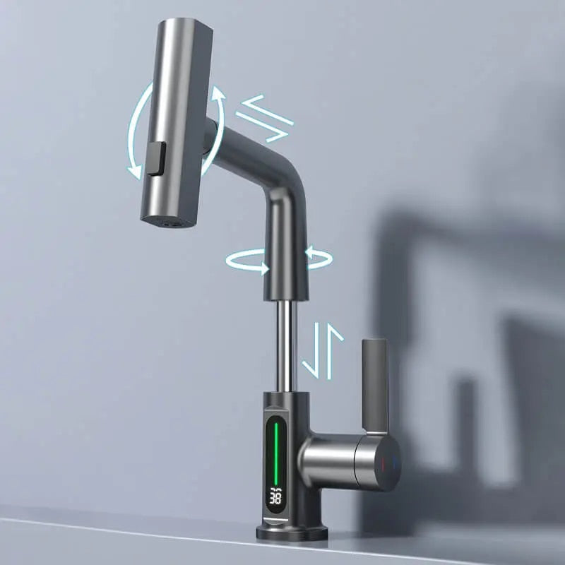 Grifo de baño extensible y moderno. Grifería inteligente con pantalla digital y función cascada para tu confort.