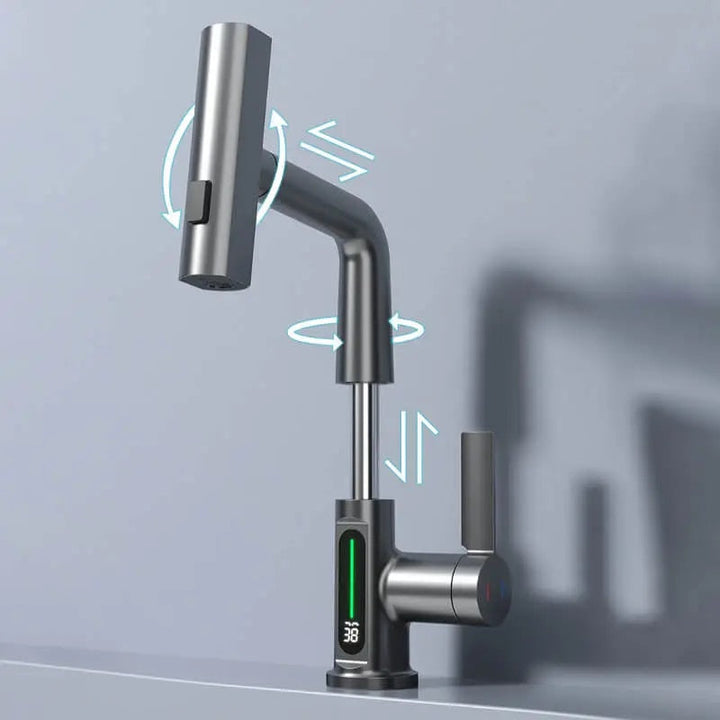 Grifo de baño extensible y moderno. Grifería inteligente con pantalla digital y función cascada para tu confort.