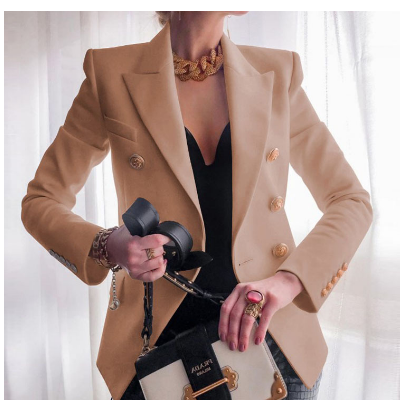 Blazer formal de mujer en primavera, doble botonadura, estilo elegante y profesional para oficina.