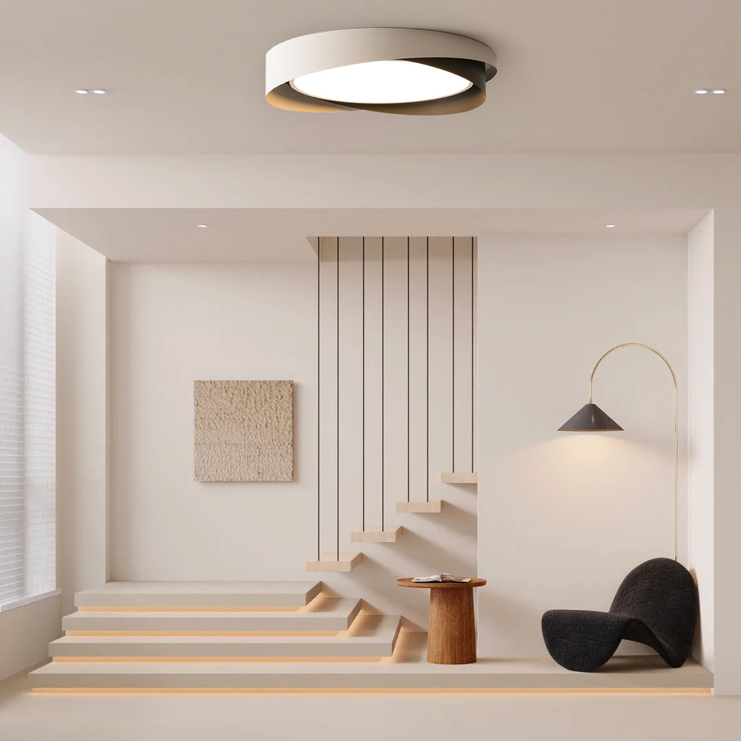 Luminaria de techo LED redonda negra, moderna, para iluminación de salón con luz fría.