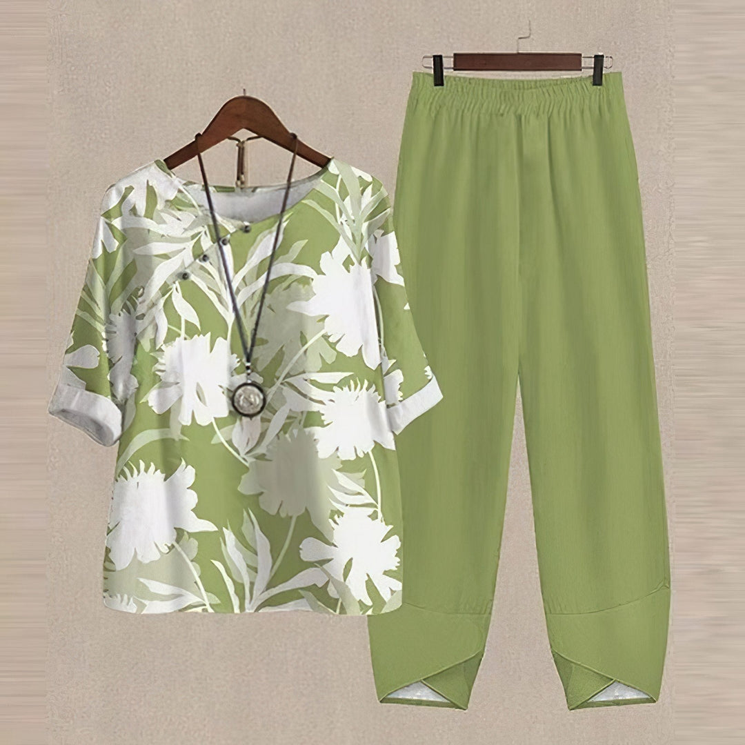 Conjunto casual elegante floral para mujer: blusa de verano y pantalón recto cómodo, diseño fresco y moderno.