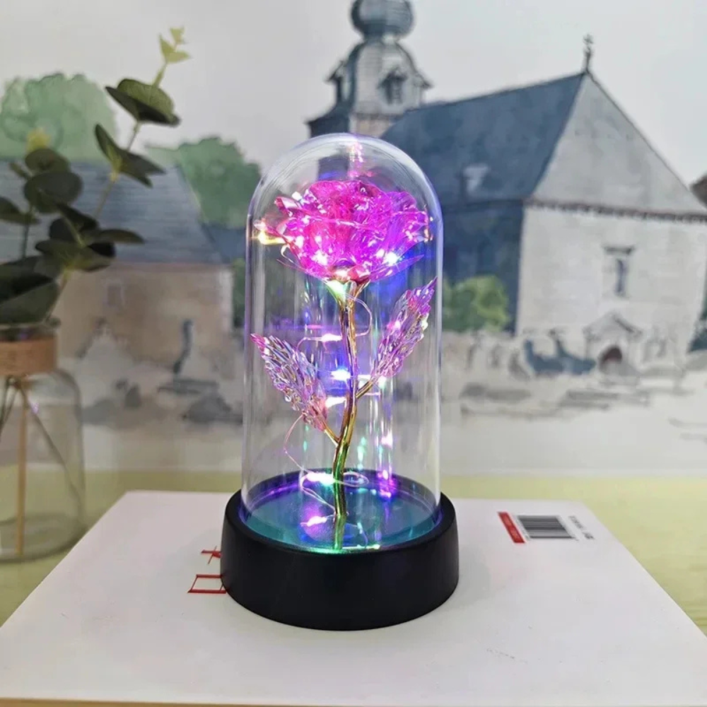 Regalo romántico: lámpara LED con rosa eterna en cúpula de cristal, ideal para San Valentín o aniversario.