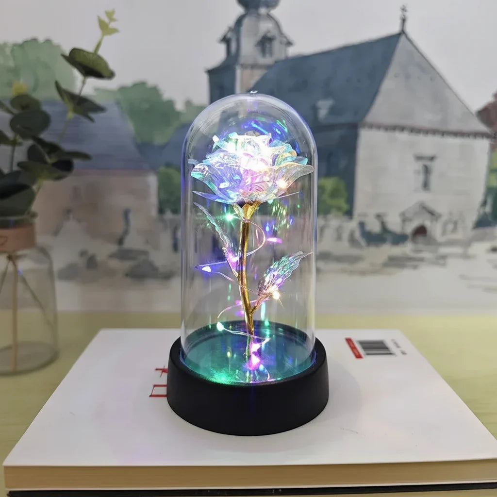 Decoración de hogar: lámpara LED de mesa con rosa preservada en cristal, añade un toque romántico y cálido.