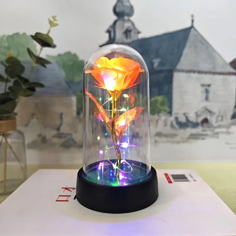 Regalo de San Valentín: lámpara LED romántica con rosa bajo cristal, creando un ambiente mágico y especial.