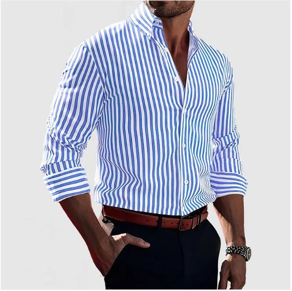 Camisa de manga larga para hombre, con rayas verticales. Ideal para oficina y fiesta.