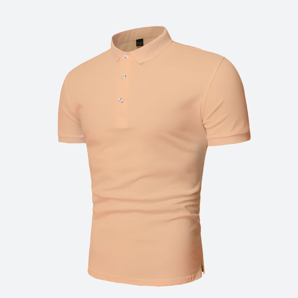 Detalle del cuello y botones de polo de hombre. Confortable y de diseño atemporal, básico.