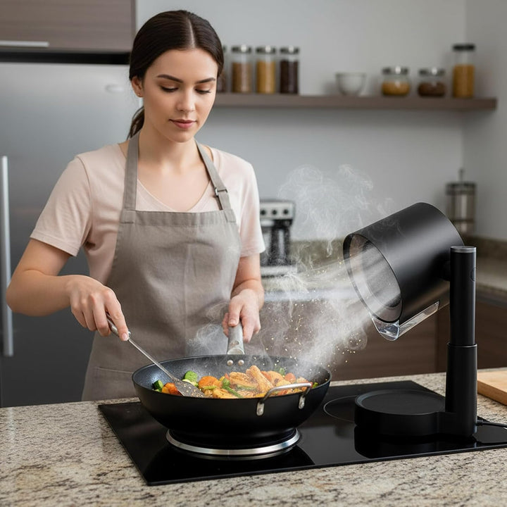 Ventilador de cocina sin instalación, controla humos y olores en encimeras. Mantiene tu hogar limpio.