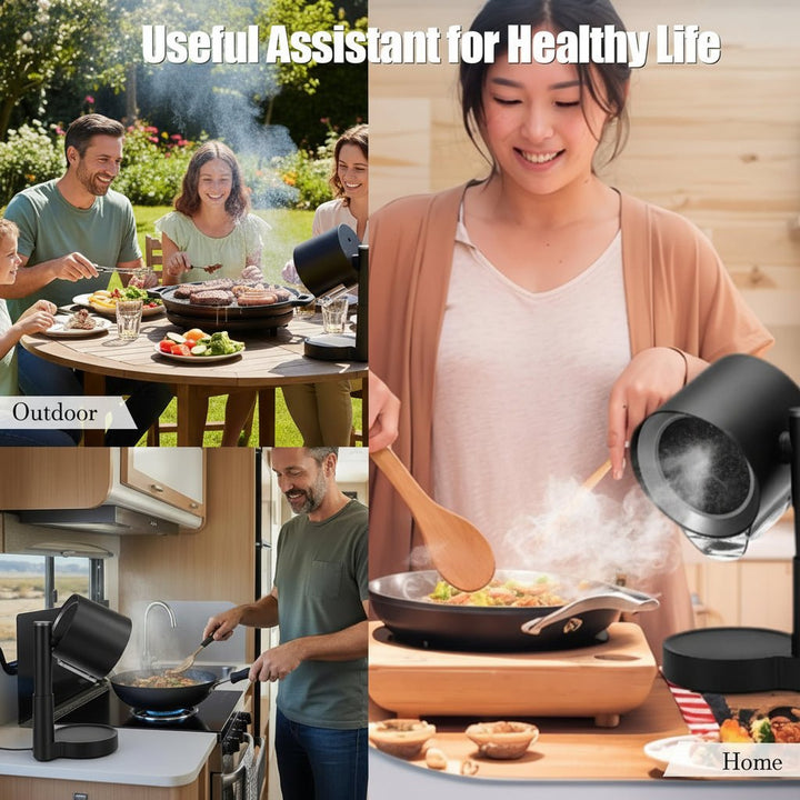Extractor de humo compacto en encimera, ideal para cocinar con freidora de aire o parrilla interior.