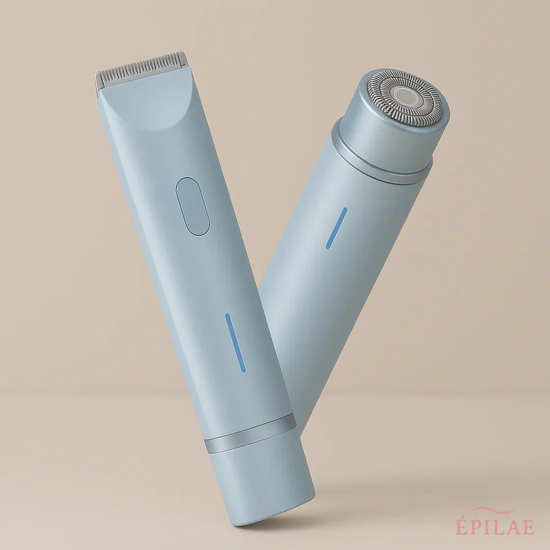 Depiladora eléctrica 2 en 1 portátil en rosa, azul o púrpura, para piel facial y corporal suave.