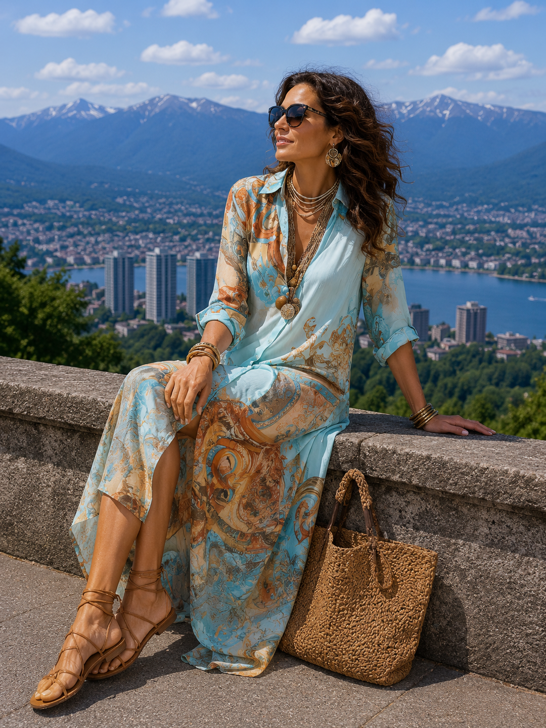 Vestido de verano camisero largo para mujer, azul, con elegante estampado bohemio, un look casual sofisticado.