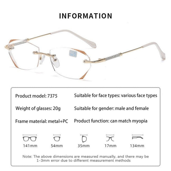 Gafas de lectura sin montura elegantes para mujer. Lentes bloqueadoras de luz azul para presbicia y visión.