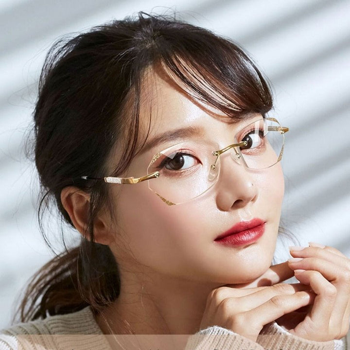 Gafas de lectura sin montura con bloqueo de luz azul para mujeres. Ideales para presbicia y confort visual.