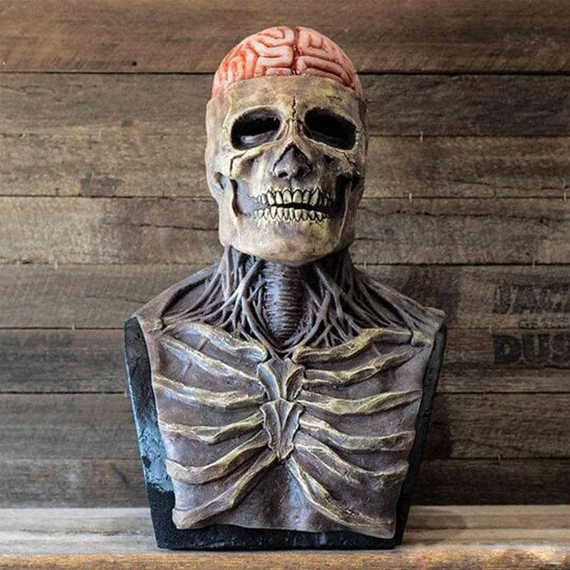 Máscara de Halloween realista de esqueleto con cerebros expuestos, ideal para disfraz de adulto.