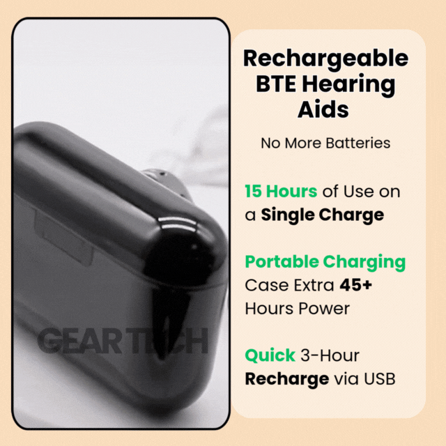 Audífonos BTE recargables con cancelación de ruido precisa, optimizando la experiencia auditiva.