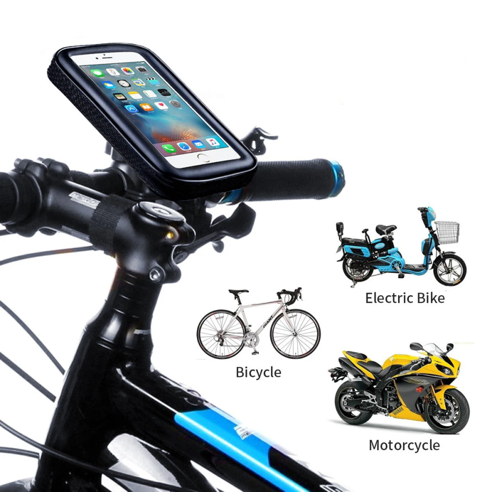 Soporte ajustable impermeable para teléfono móvil en manillar de bici o moto.