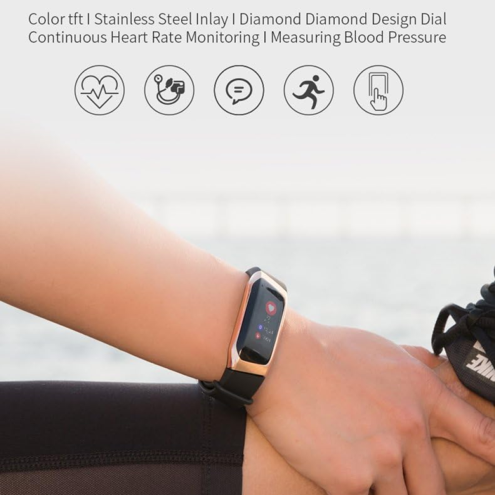Pulsera inteligente unisex para deporte y bienestar, monitoriza salud y actividad física.