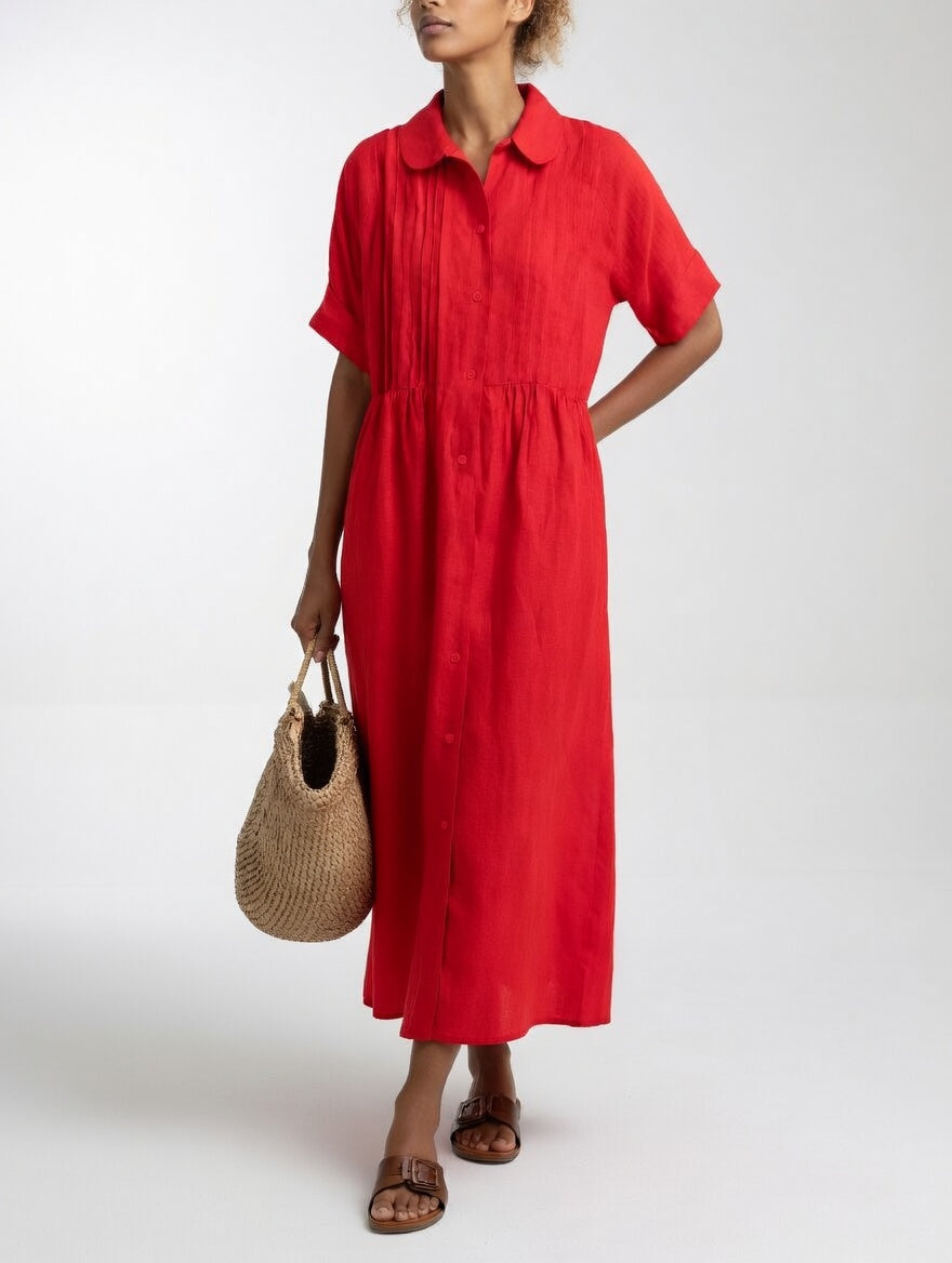 Vestido fluido de verano para mujer, corte camisero. Confortable, transpirable y elegante para días casuales de playa.