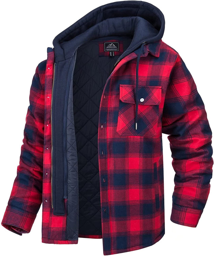 Moda masculina: Chaqueta de hombre con capucha y diseño a cuadros. Abrigo casual con cremallera, cálido para invierno.