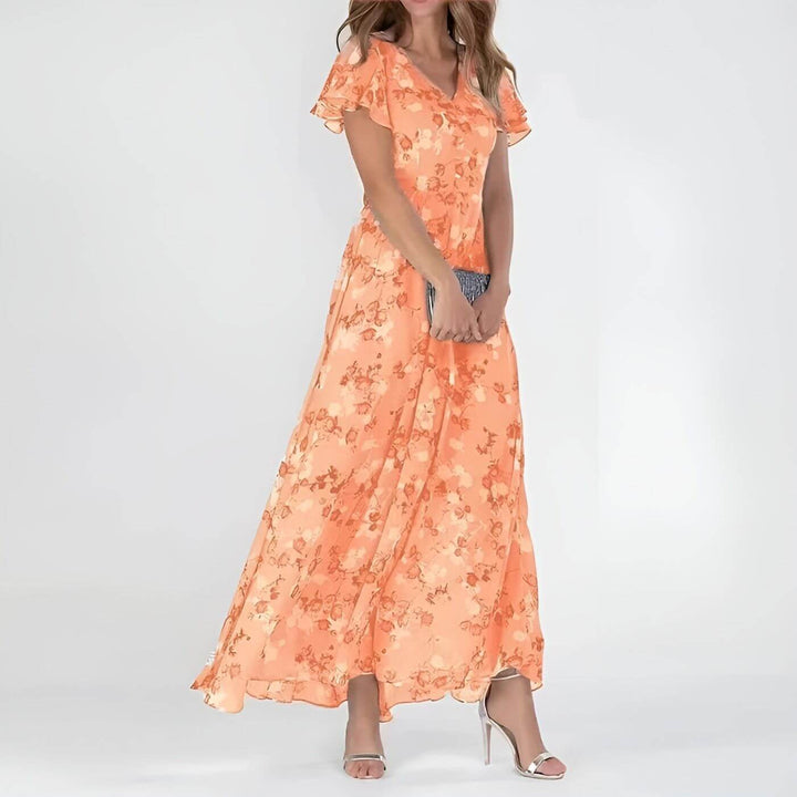 Vestido maxi floral fluido para mujer con escote en V. Estilo romántico, perfecto para verano, casual o playa.