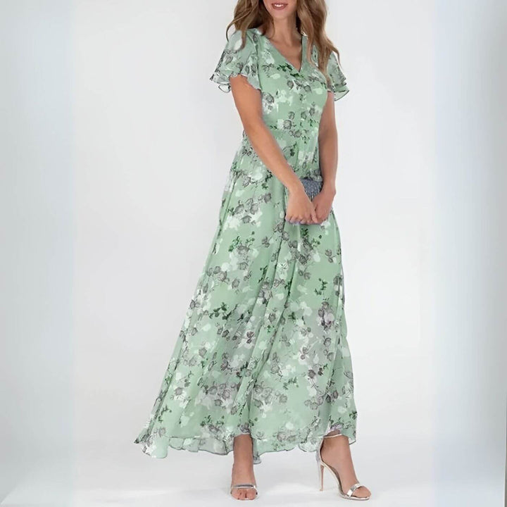 Vestido maxi floral romántico para mujer con escote V, ideal para un look fluido y fresco de verano. Casual y chic.